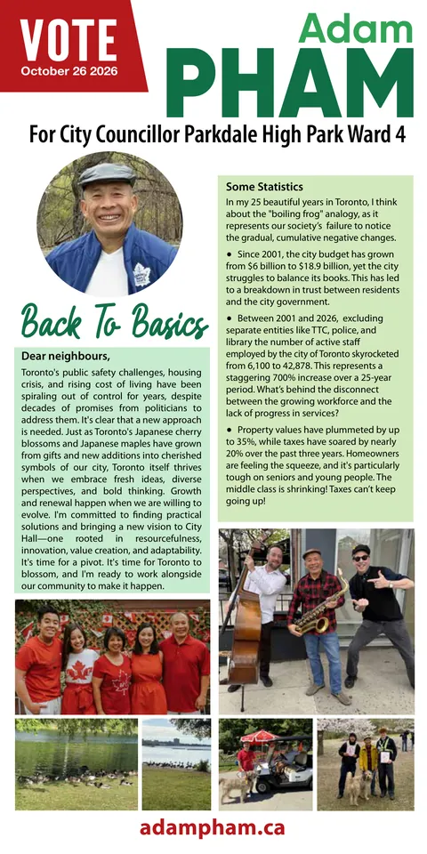 Front of the leaflet: Vote Adam Pham, October 26 2026, Back to Basics