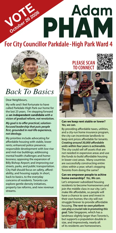 Front of the leaflet: Back to Basics, keeping rent stable and home ownership within reach