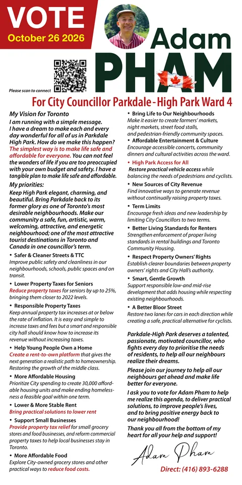 Front of the leaflet: Vote Adam Pham, My Vision for Toronto and his priorities